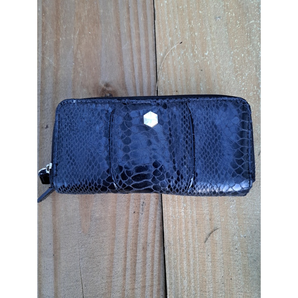 Black Faux Snakeskin Zip Around Wallet with Card Slots and ID Window